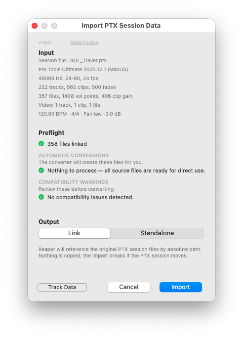 Reaper extension — Import PTX Session Data dialog with full UI parity
