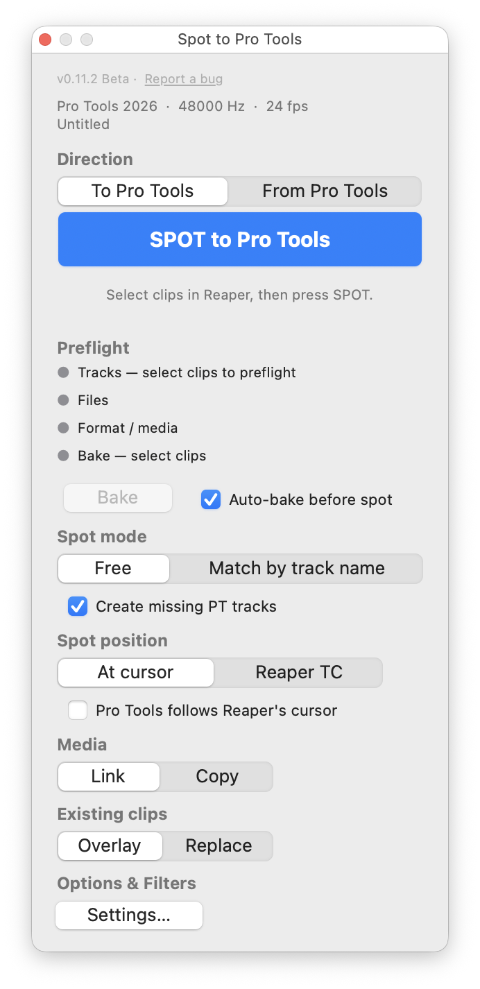 Spot to & from Pro Tools — extension that spots selected clips between running Reaper and Pro Tools sessions in both directions, at timecode, with live preflight, match-by-track and auto-bake