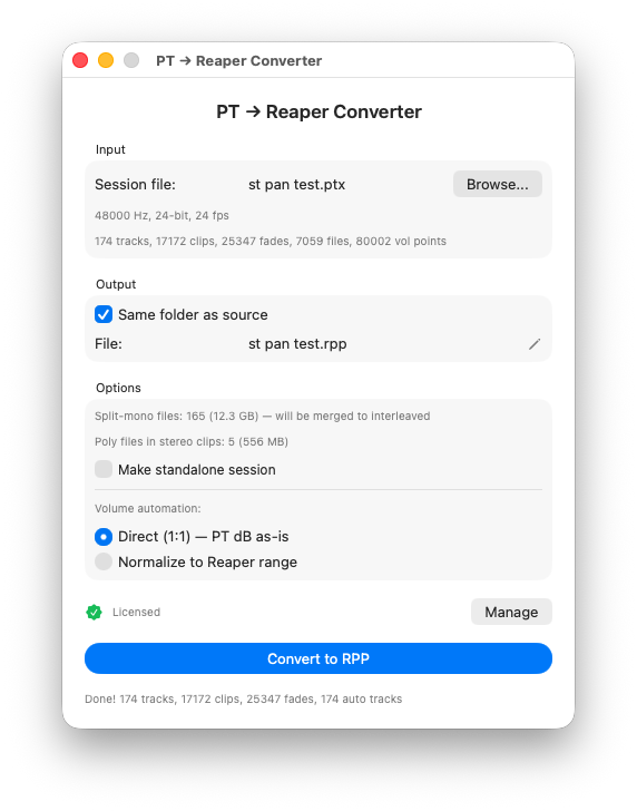 PT-Reaper Converter — application interface showing session conversion