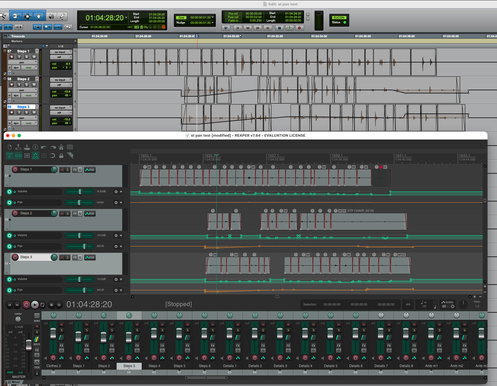 Pro Tools session converted to Reaper — side by side comparison