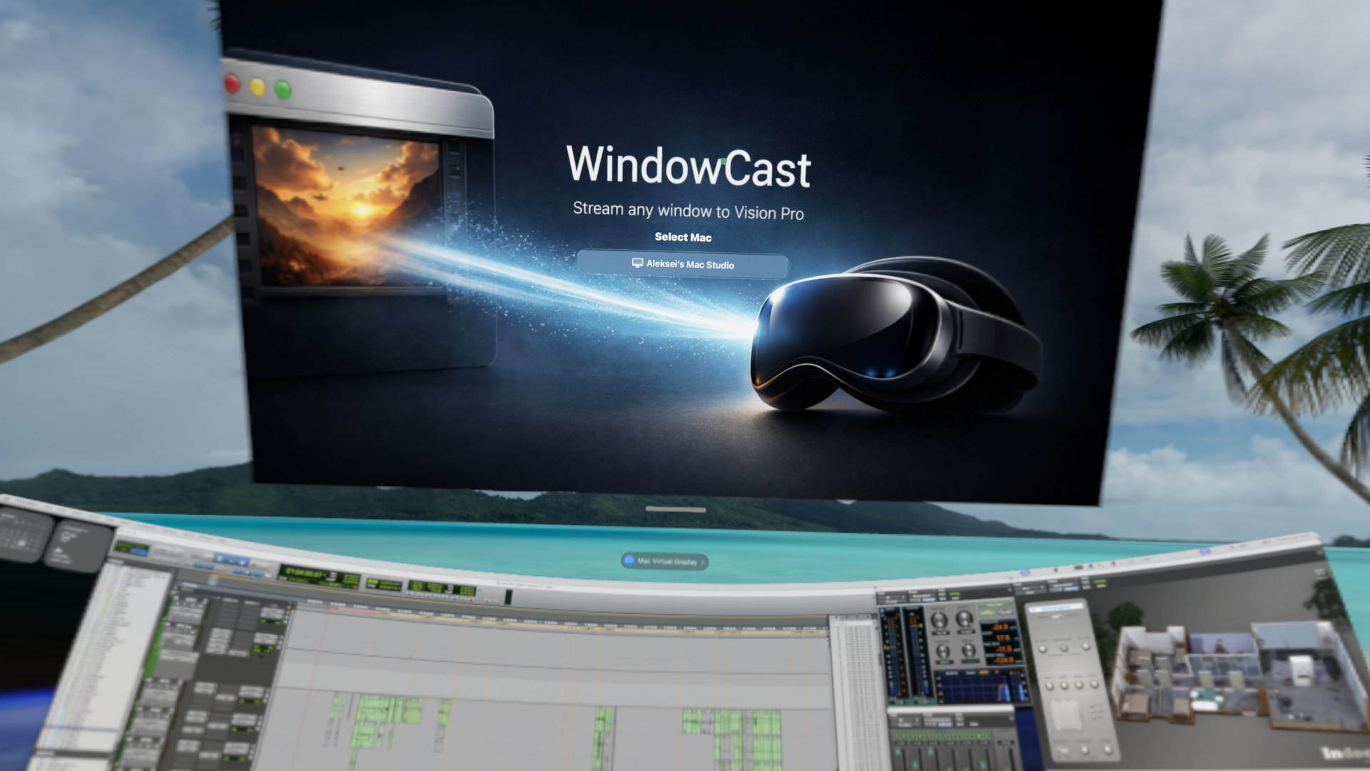 WindowCast running on Apple Vision Pro — app interface in spatial environment